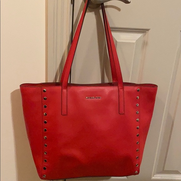 Michael Kors Handbags - Red Michael Kors Large Rivington Stud Tote